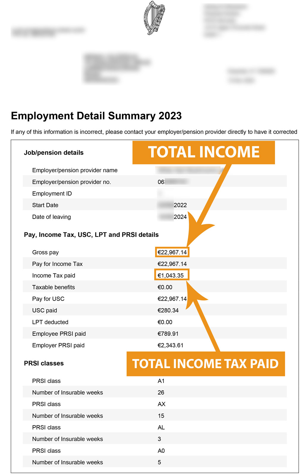 Refund your overpaid taxes from Ireland - Employment Detail Summary